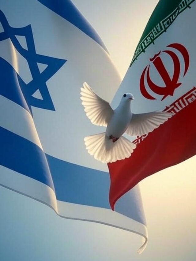 Image of Israeli and Iranian flags with a dove, symbolizing fragile peace after conflict