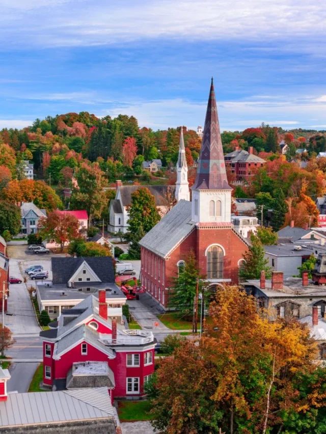 Aerial view of a vibrant small town with families, graphs, and scenic landscapes.