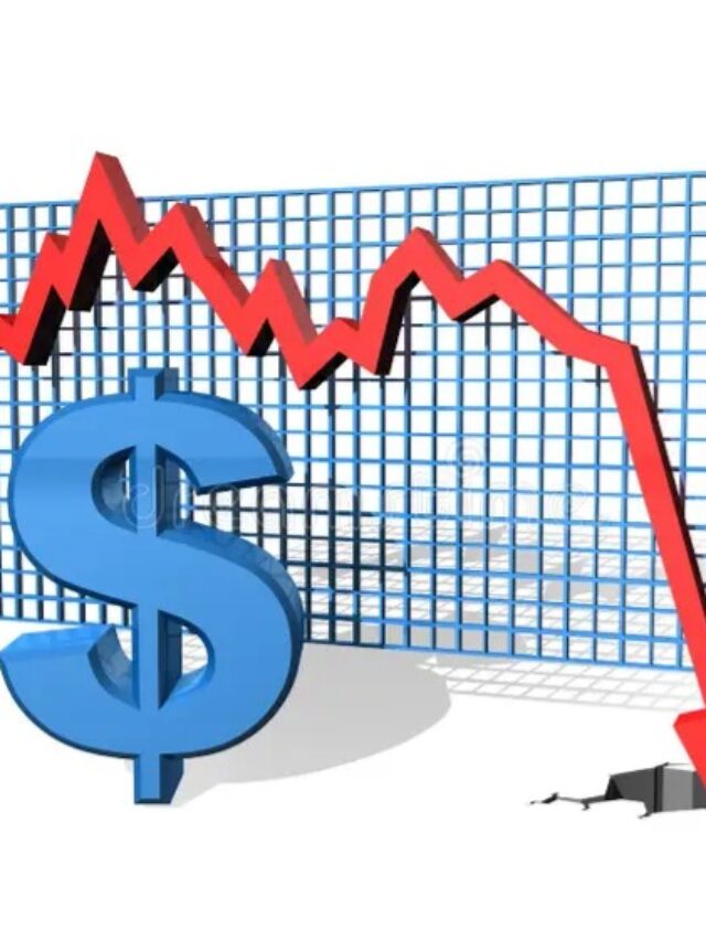 Graph of dollar's decline with Trump and Powell imagery.